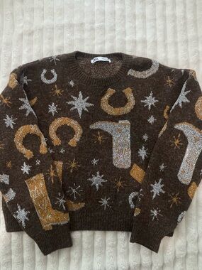 Zara Brown Crewneck Sweater with Gold & Silver Western Motifs